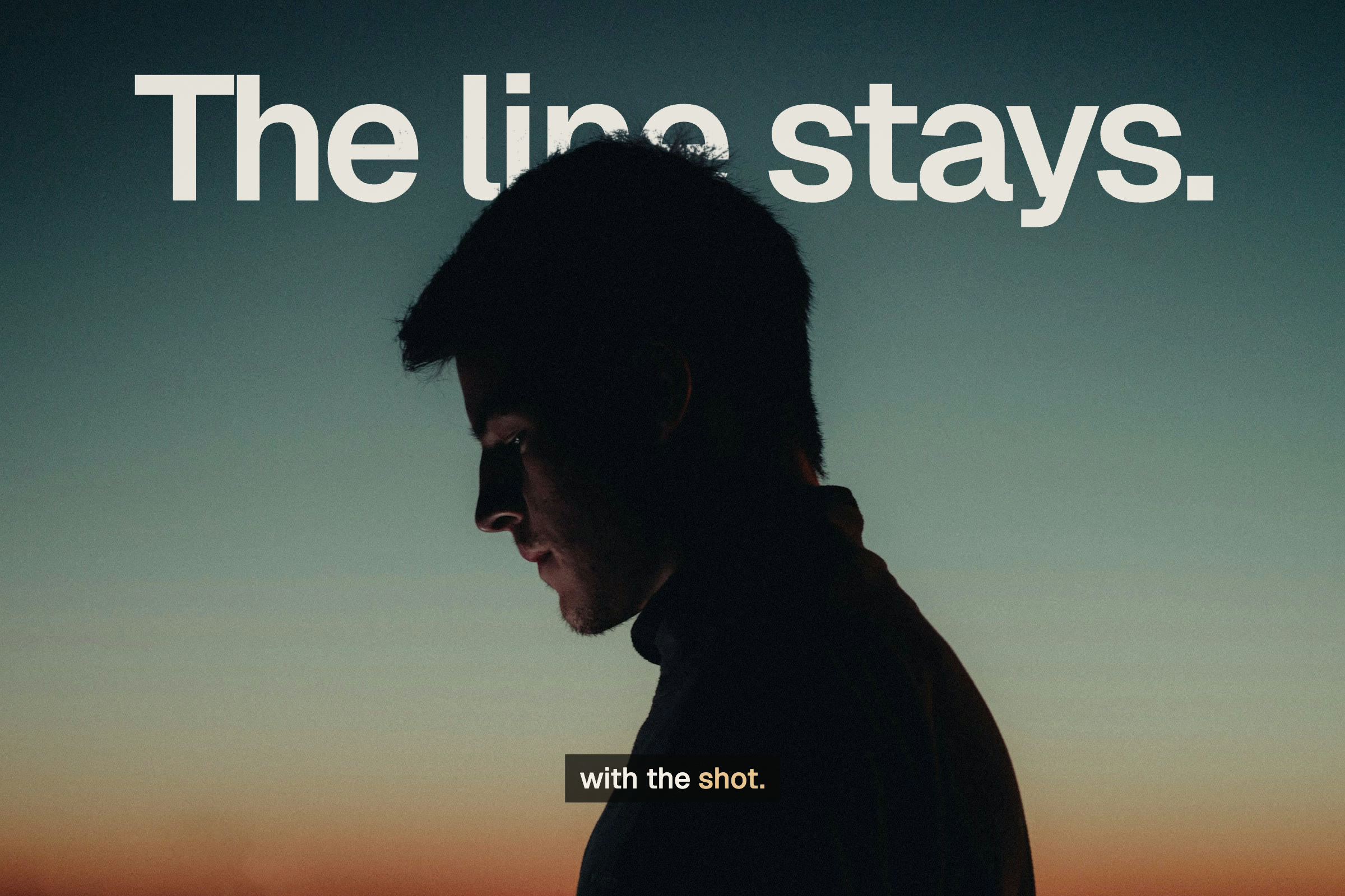 A man in silhouette at dusk, with the title The line stays set behind his head and the subtitle with the shot.