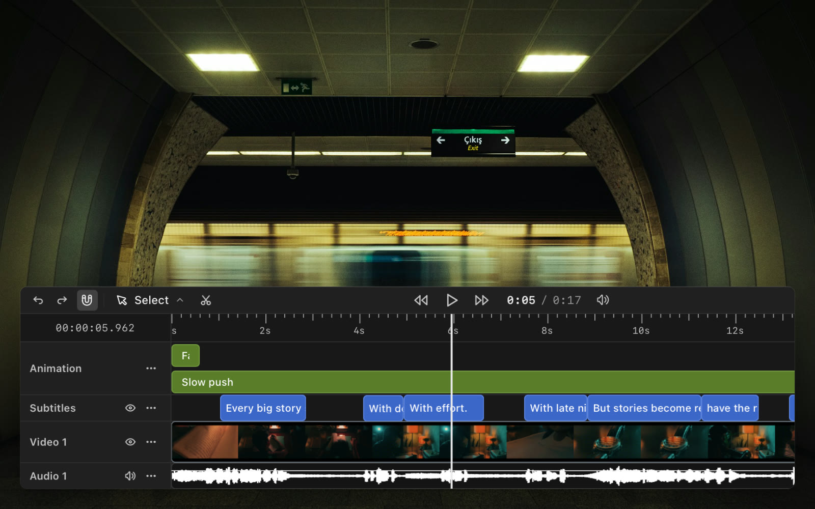 A train blurring past a station platform, with the timeline below: animation, subtitle, video, and audio tracks under the playhead.